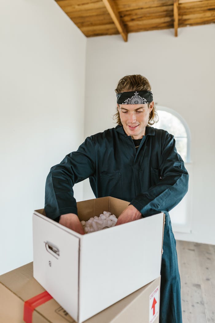 Man in jumpsuit packing a cardboard box with foam in a bright room.